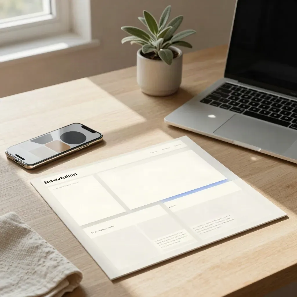 Scrivania luminosa con mockup homepage, laptop, telefono, pianta e tessuto neutro in luce mattutina
