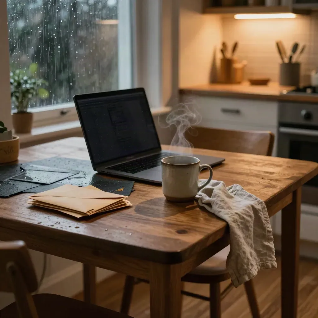 Tavolo cucina notturno con laptop, buste, tazza fumante e pioggia al vetro.