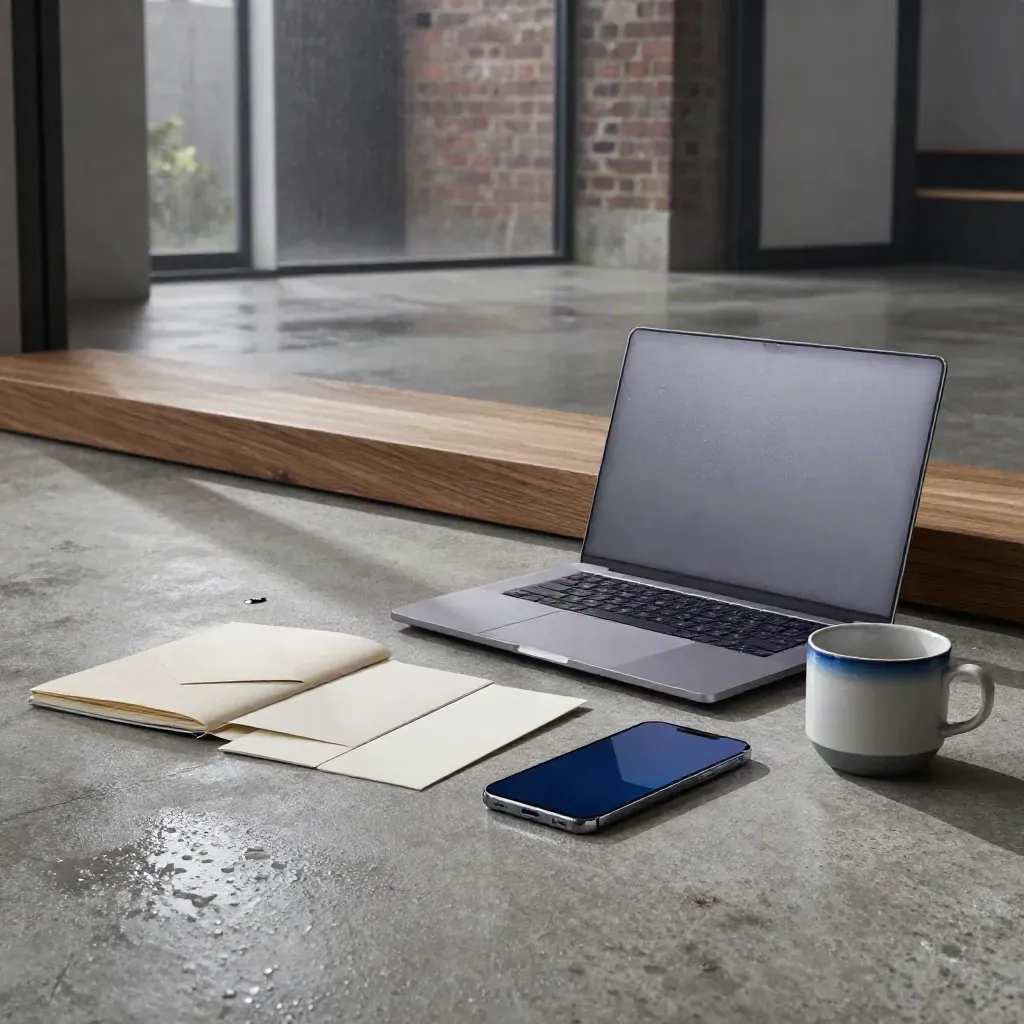Workspace loft con laptop, smartphone, card modulari e tazza in luce mattutina