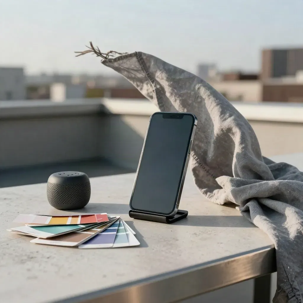 Telefono su supporto, campioni colore, speaker e lino sul terrazzo, mossi dal vento.