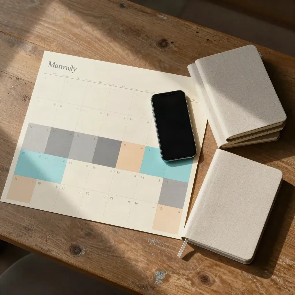 Piano editoriale mensile su tavolo in legno con blocchi, smartphone e tre quaderni.