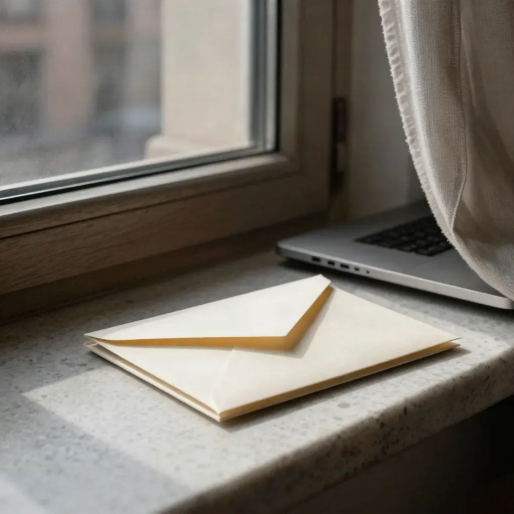Laptop aperto, busta e taccuino sul davanzale, mossi dal vento e dalla luce del pomeriggio.