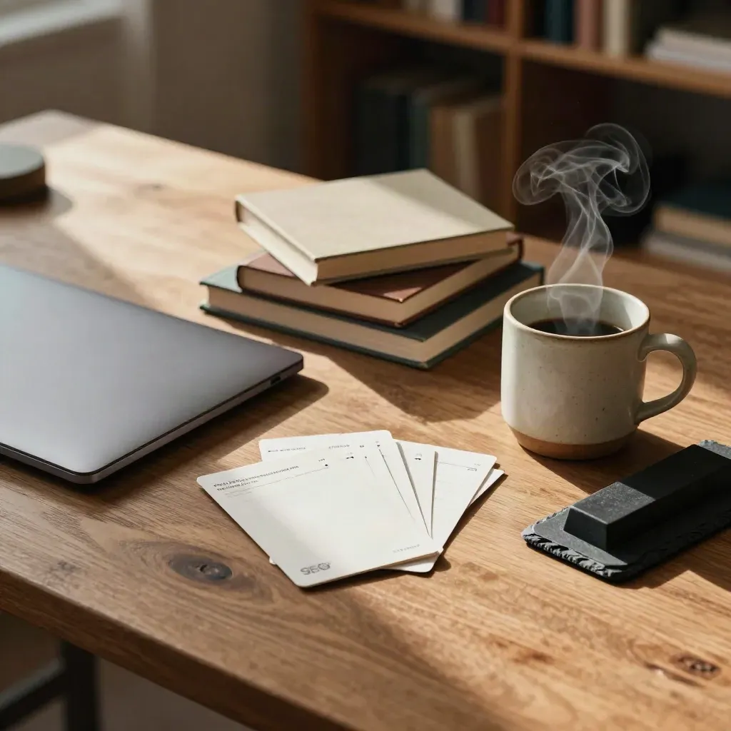 Tavolo di ricerca SEO con laptop, libri chiusi, carte rivolte in giù e tazza fumante in luce calda.