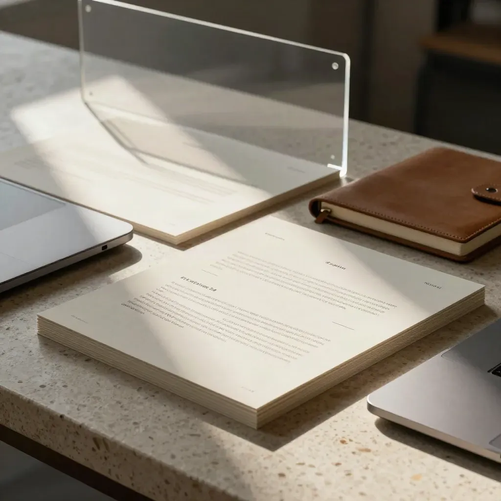 Tavolo in travertino con tre zone di card, laptop e taccuino in luce mattutina