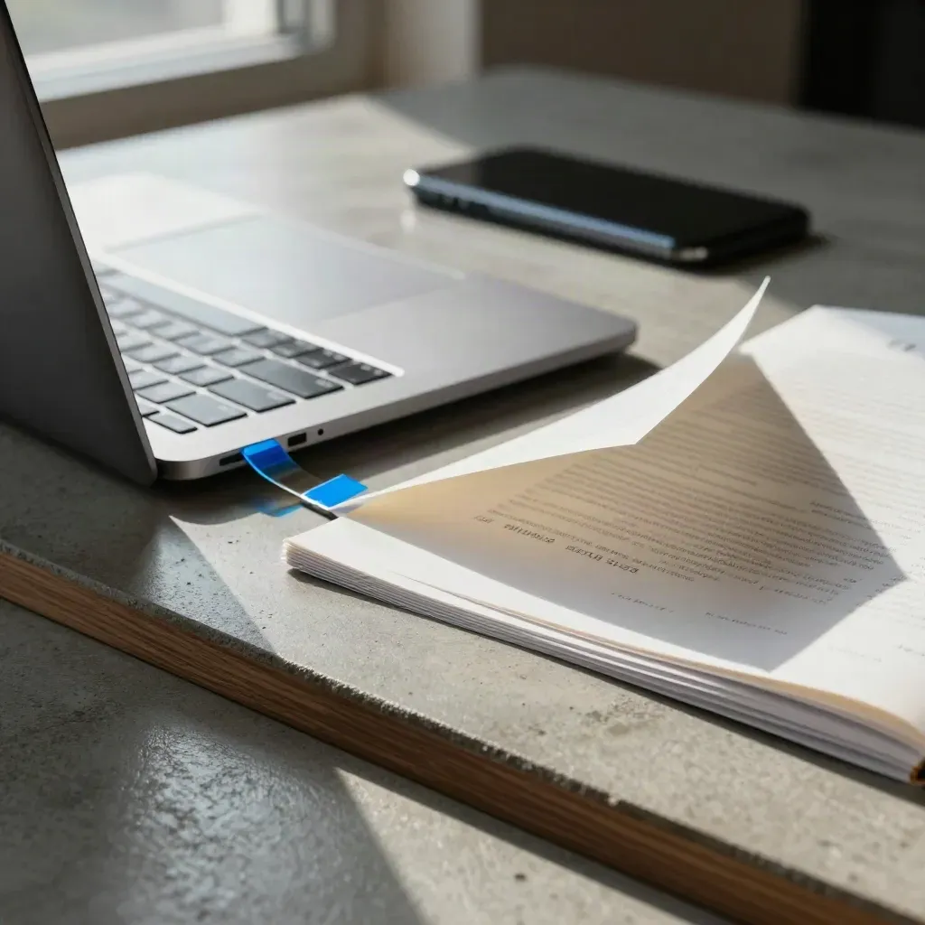 Laptop, smartphone e fogli audit web capovolti su tavolo in cemento, luce fredda e riflessi blu