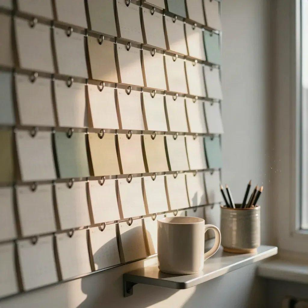 Griglia da parete con schede calendario, tazza e portapenne in una luce calda.