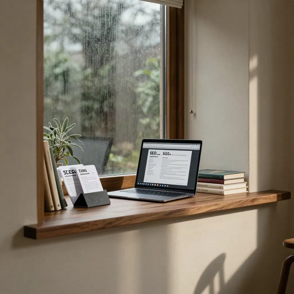 Angolo di lavoro per SEO con laptop, libri, cards e pianta vicino alla finestra piovosa.
