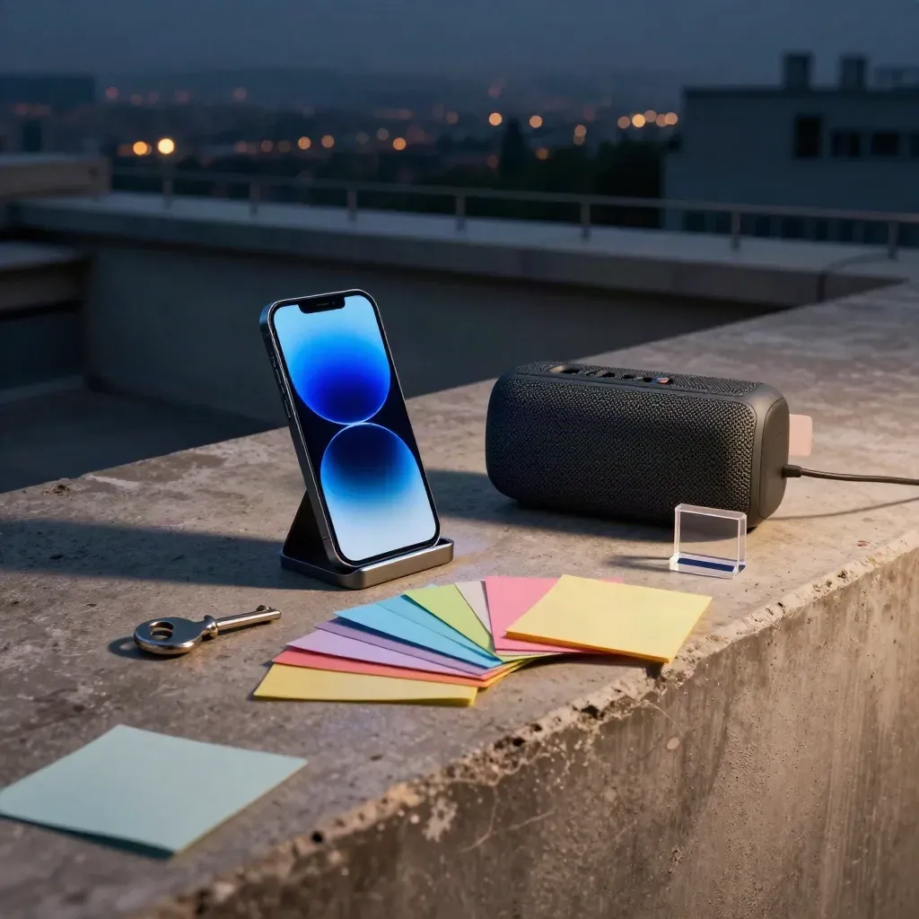 Telefono, schede adesive colorate e speaker portatile su terrazza notturna, con luce blu del display.