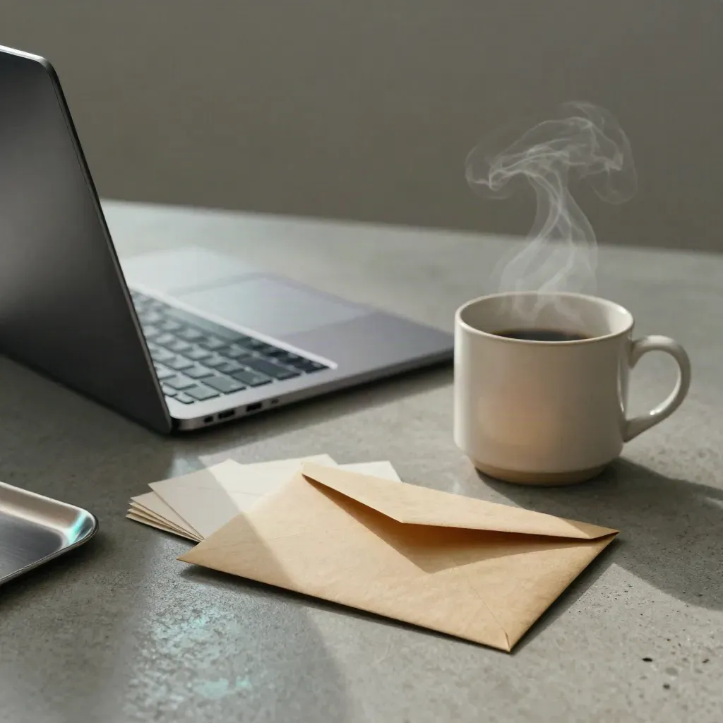 Scrivania email con laptop, busta, tazza e cartoline piegate in luce serale.