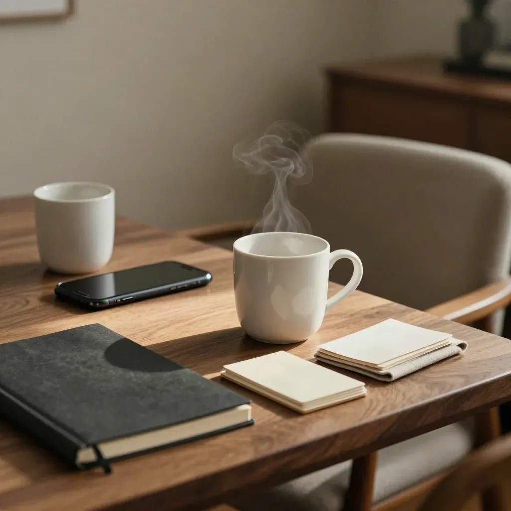 Due tazze, notebook, telefono e cartellina di schede su tavolo in legno, luce pomeridiana.