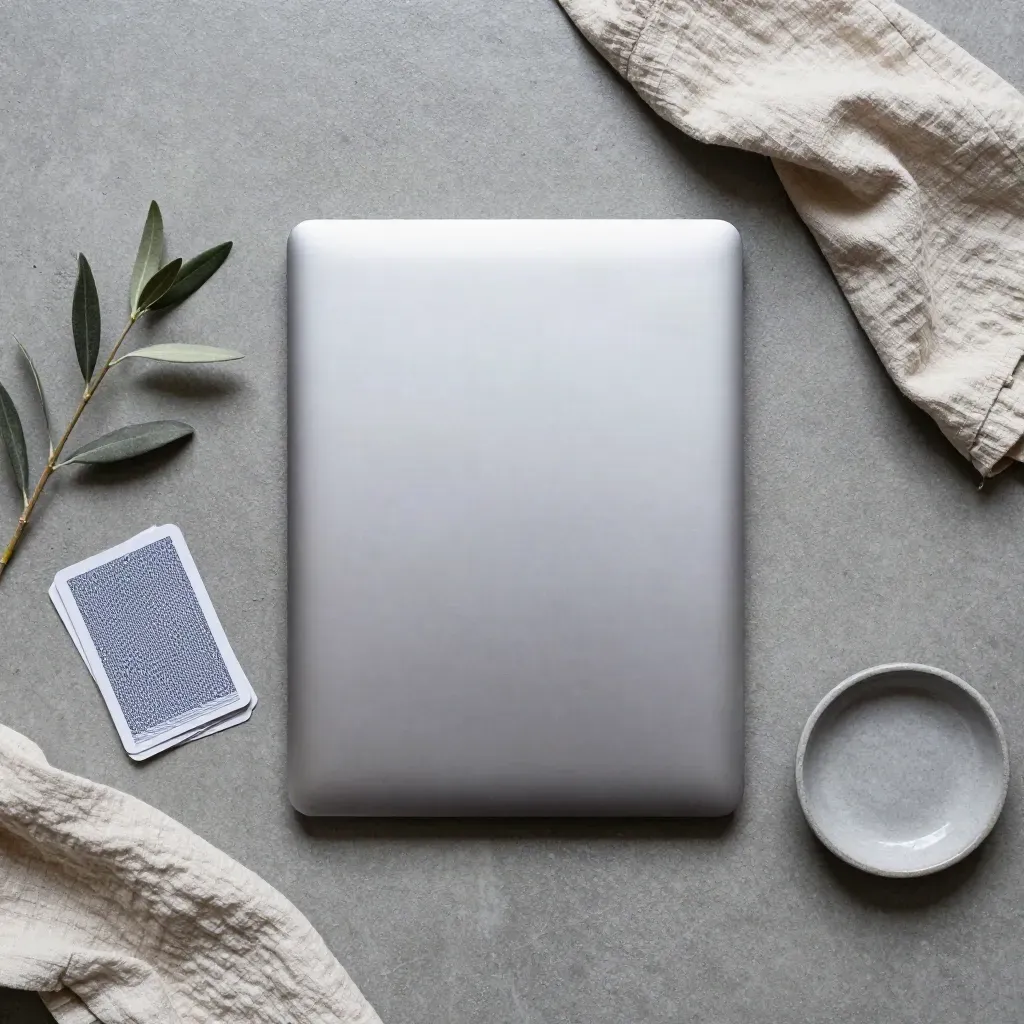 Flat lay con laptop argento, carte wireframe, rametto d’ulivo, lino e ciotola in pietra.