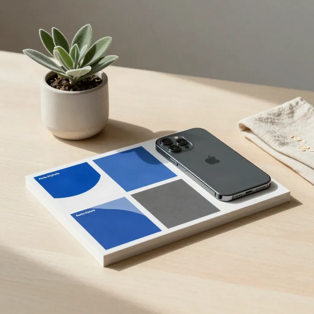 Smartphone, card editoriali, piantina e panno su legno chiaro, luce morbida dall’alto.